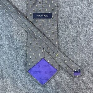 NAUTICA Mens Silk Necktie USA Designer Herringbone Geometric Gray/Black/Gold EUC